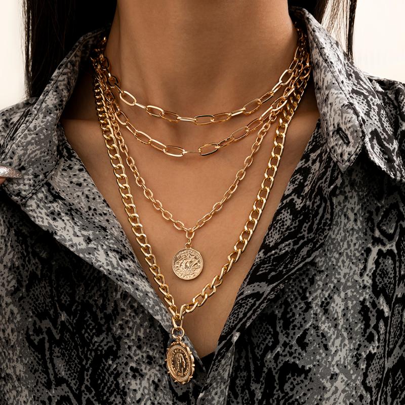 

Chokers Lacteo Vintage Carved Coin Virgin Mary Statue Pendant Necklace For Women 2021 Fashion Trendy Multi Layered Metal Chain