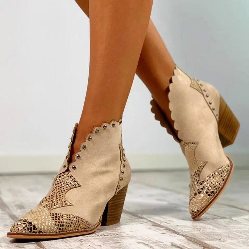 

2020 new autumn and winter women's boots stitching leopard print British wind pointed thick with large size willow nail l, Brown