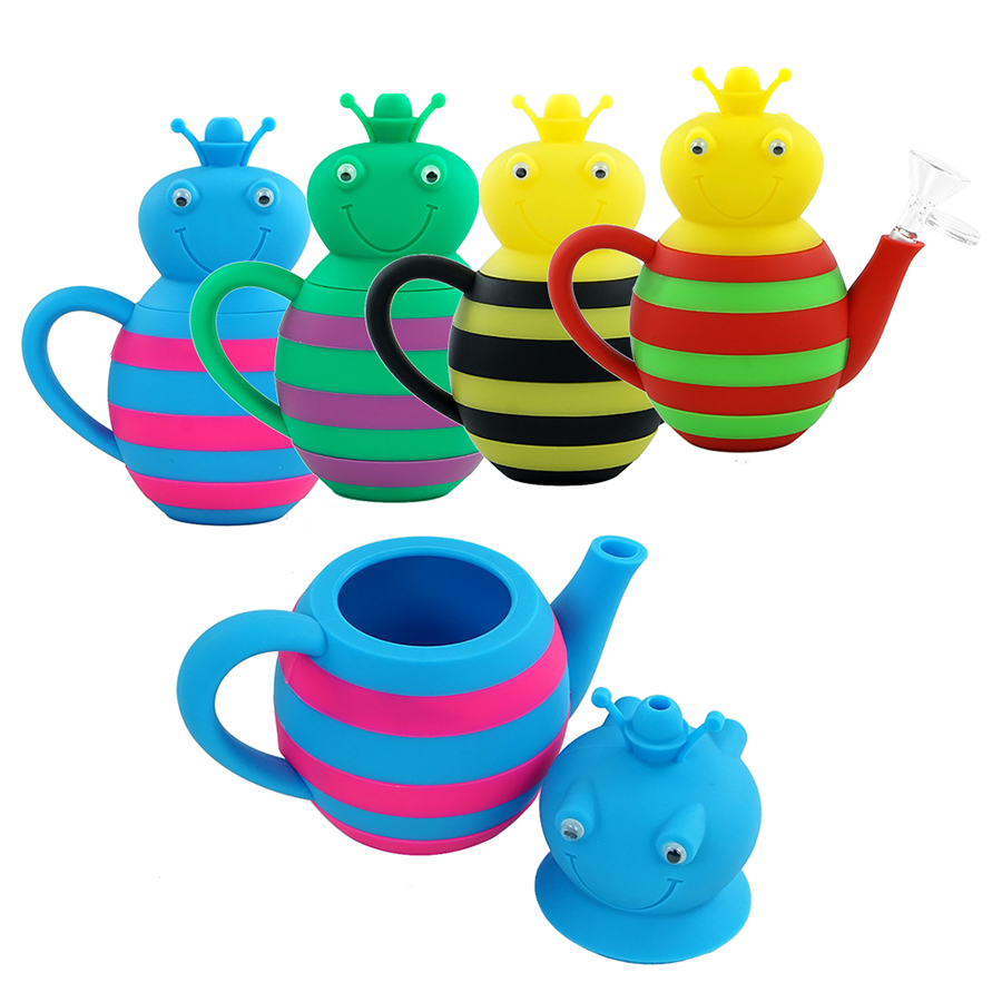 

silicone water pipes Bee teapot with bowl unbreakable dab rig tobacco bubbler dry herb 5.4