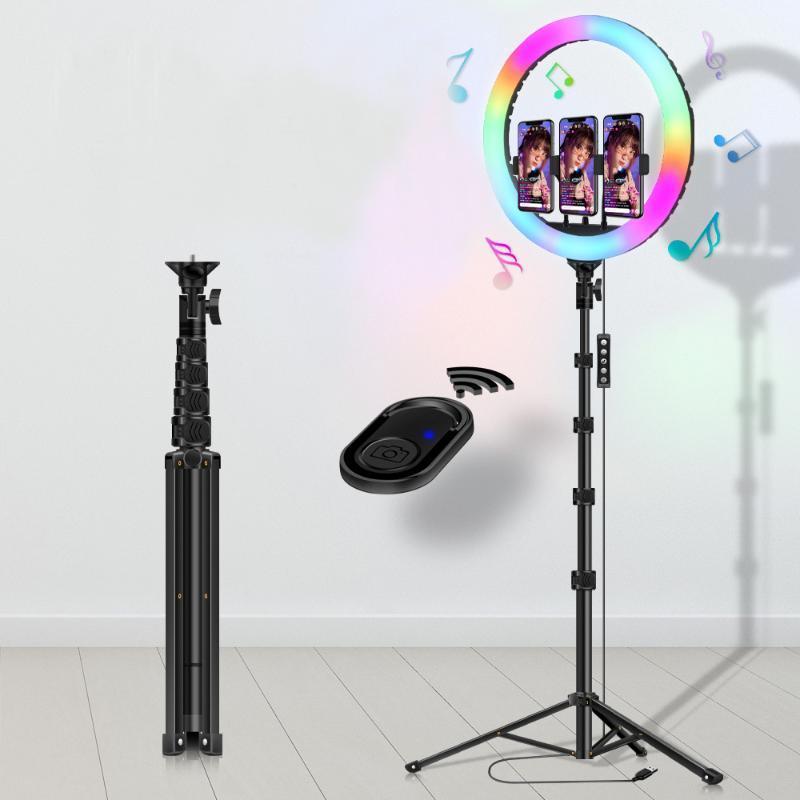 

10/13'' RGB Music LED Ring Light with Tripod Stand Tablet Phone Holder for Selfie Photo YouTube Tiktok Video Streamming Colorful1