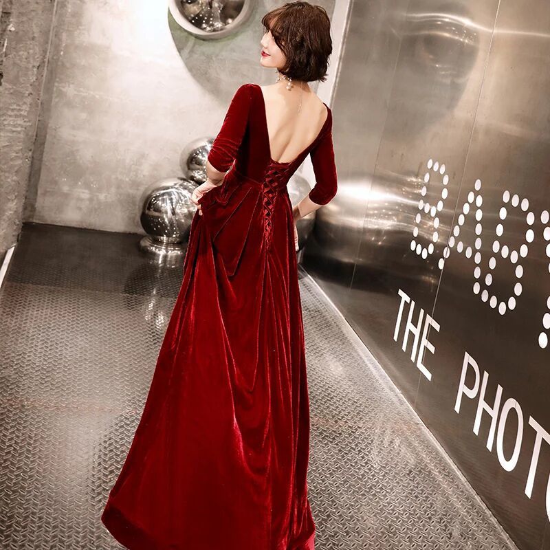 

2021 New Robe Soiree Elegant Velvet Dressed Sexy Backless Pavilion Length Women Clothed Party PDHN evening, Burgundy.