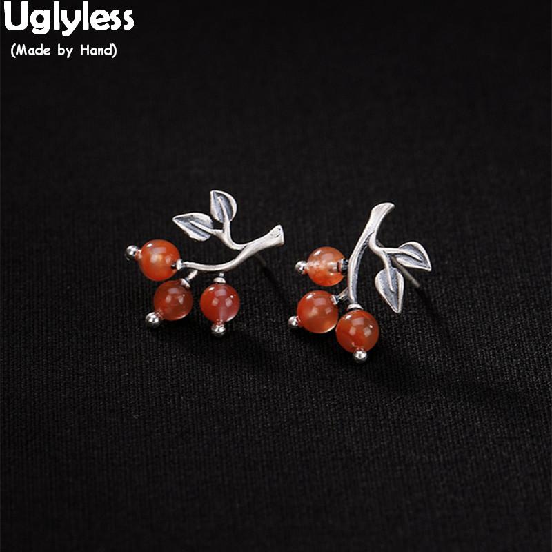 

Uglyless Lovely Leaves Stud Earrings for Women Nature Agate Ear Studs Vintage Solid 925 Thai Silver Fine Jewelry Handmade Bijoux