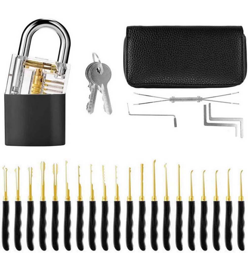 

24 piece set + transparent lock 24Pcs Set Lock Training Skill Set Clear Practice Padlock Tools Locks Key Pick Kits Quick Open Lock Learning