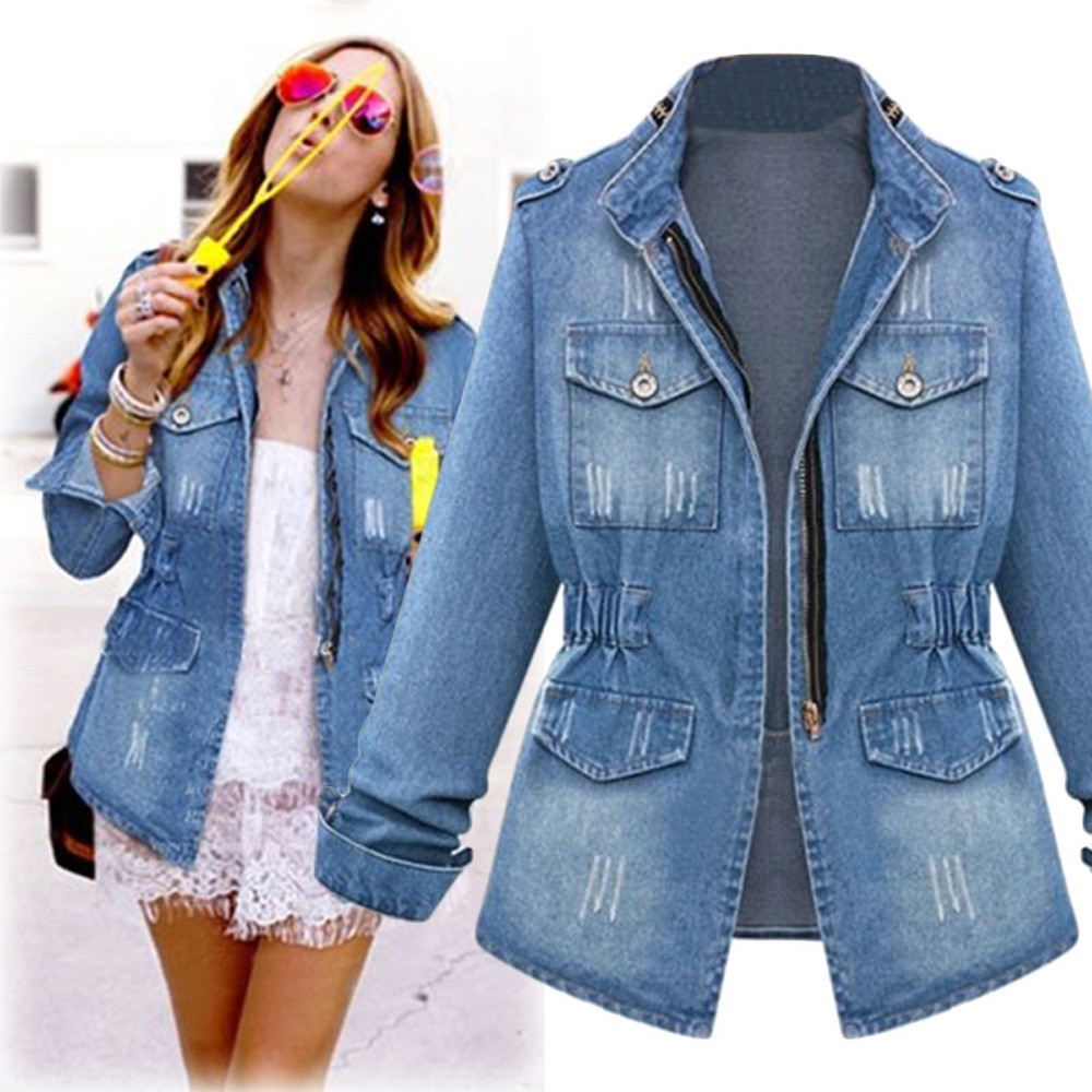 

2021 Plus Size Women Denim Retro Lapel Cowboy Zipper Pockets Loosen Women's Jacket Long Jean Outweigh Jackets Anwa, Blue