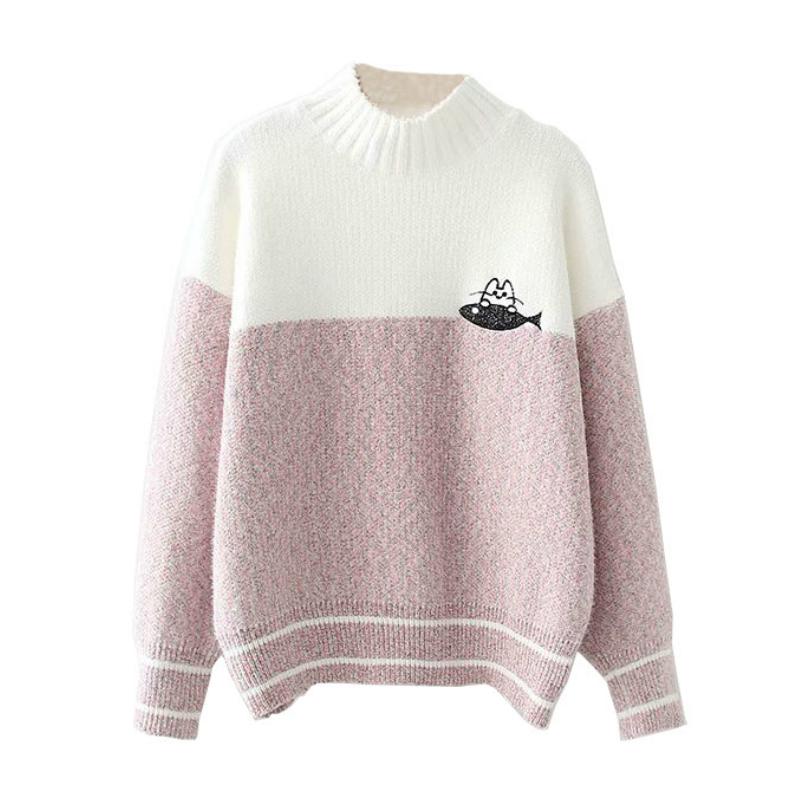 

Turtleneck Long Sleeve Women Sweaters Cartoon Embroidery Patchwork Knitted Pullover 2020 Winter Ladies Bottoming Warm Tops, Blue