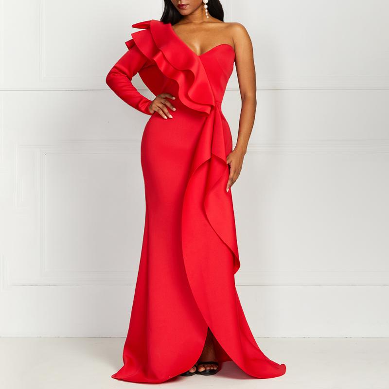 

Red One Shoulder Ruffles Party Dress Women African Fashion Strapless Robe Elegant Sexy Evening Long Dresses Red Formal Vestidos