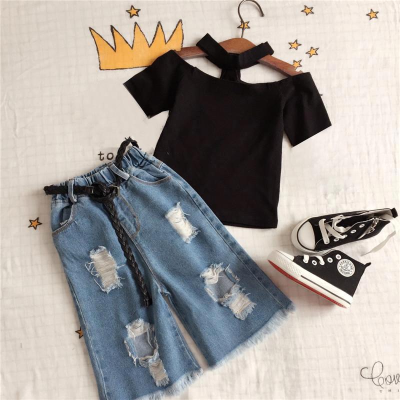 

Summer girls 2 pcs set baby t shirt + wide pants kids suit children streetwear clothes solid halter tee ripped denim 2 to 7 yrs1, Black blue