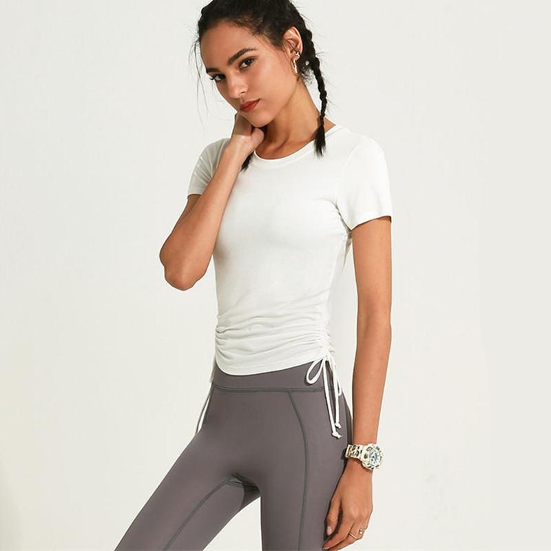 

Summer New Drawstring Sports T Shirts Women Elastic Quick-Drying Short-Sleeve Running Tight Fitness T Shirts Women Yoga1, Black