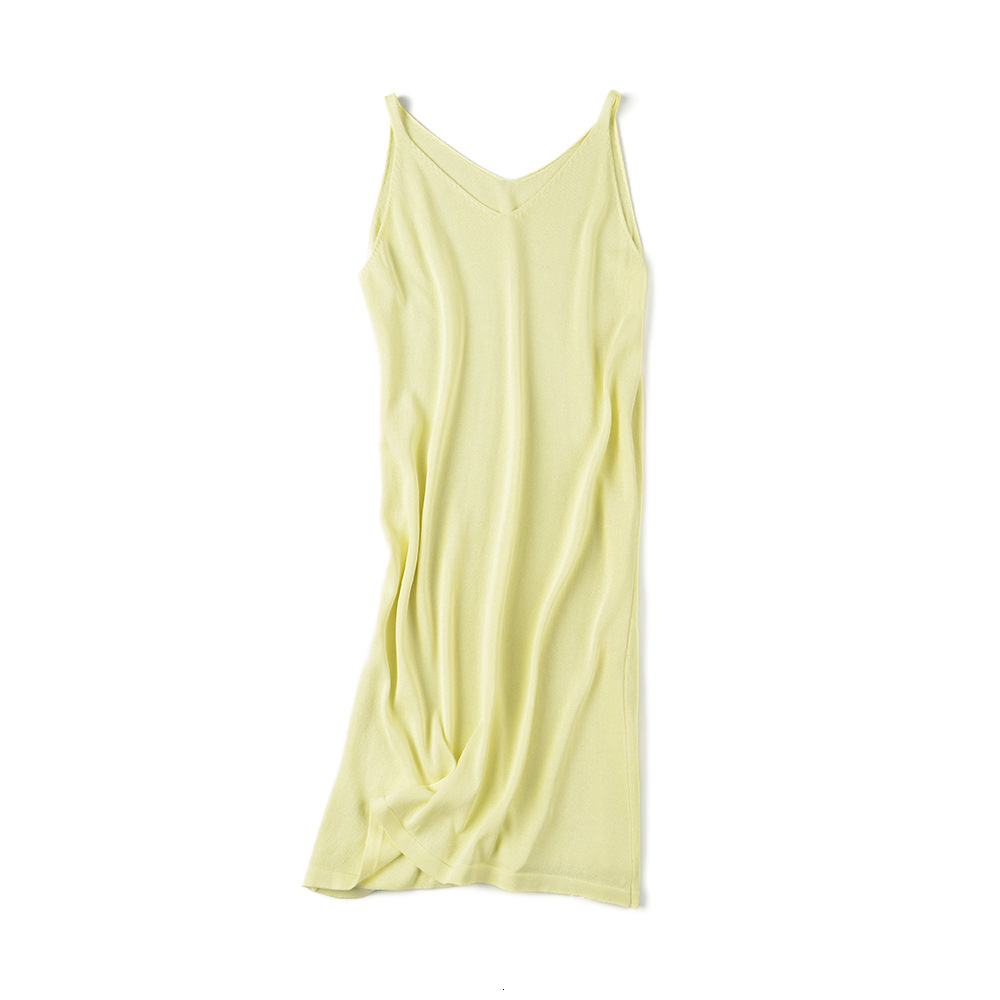 

2021 Knit Sling Tank Dress Korean Slim Beige Brown Sleeveless Spring Summer New Thin Vest Long Dresses 29v3, Light yellow