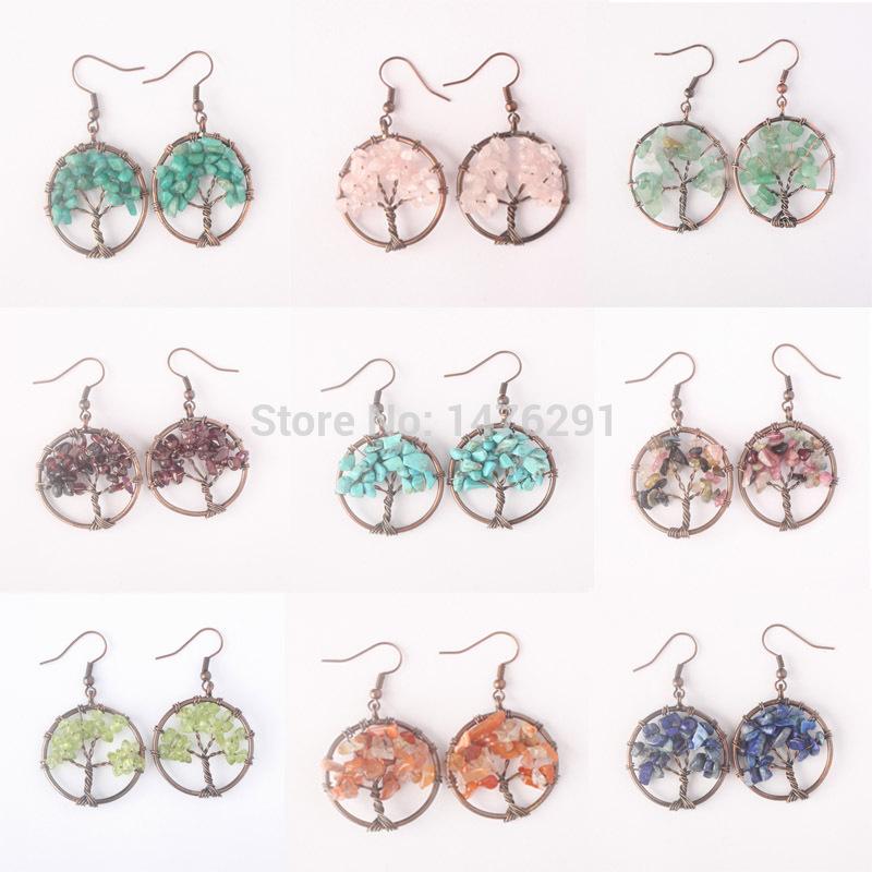 

NEW Tree Of Life Wire Wrapped Tumbled Stone Beads Copper Alloy Round Dangle Drop Hook Earrings 1pair