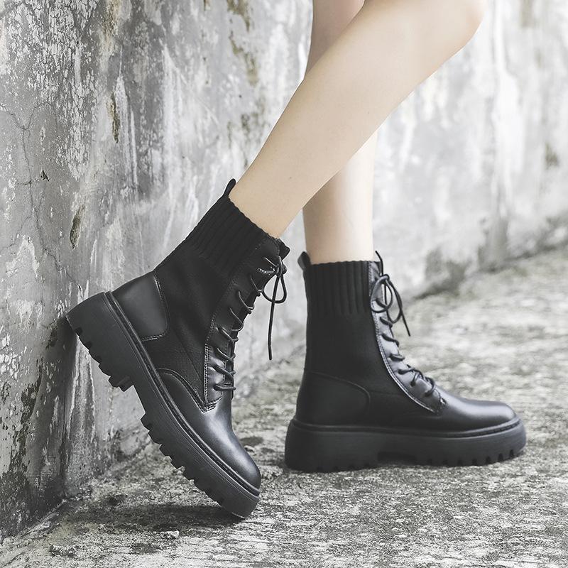 

Women's boots 2020 autumn and winter new British wind round head thick with ankle boots anti-skid strap handsome thick bo, Black