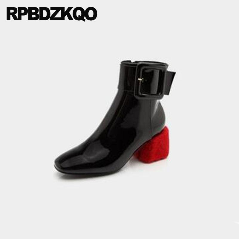 

Suede 9 Boots Brand High Heel Square Toe Ankle Fur Chunky Winter Genuine Leather Fall Patent Designer Shoes Women Luxury 20201, Black