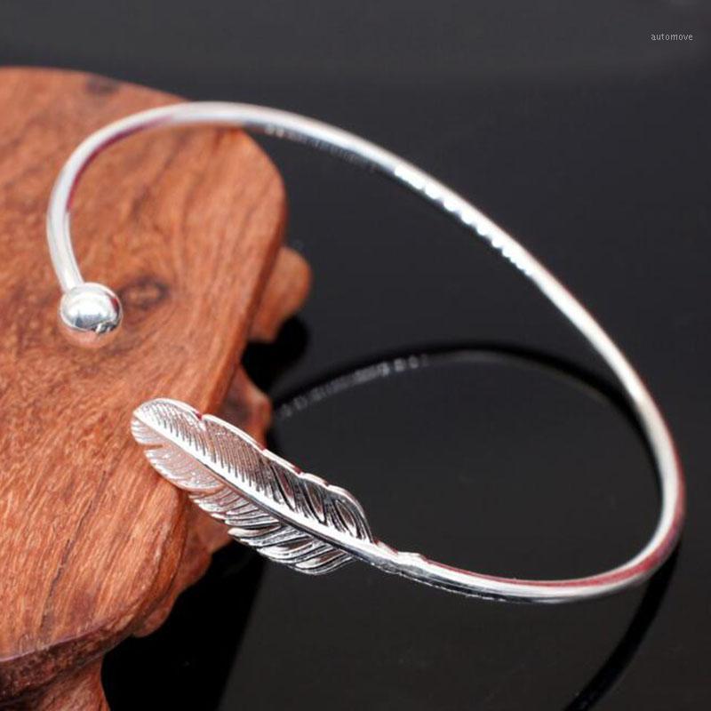 

Silver Color Open Bangles & Bracelet Fashion Simple Feather Handmade Jewelry Gift for Men Women Size Adjustable1