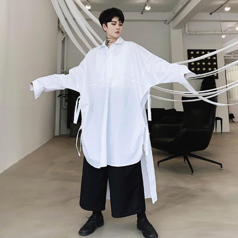 

Autumn black white side lacing oversized men long shirt vintage casual dress shirts man retro punk hip hop blouse