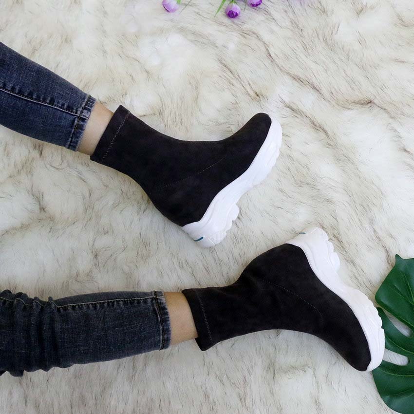 

Esveva 2020 elstico rebanho casual deslizamento em sapatos femininos cunha salto alto dedo do p redondo ankle boots outono inverno botas, Dousha-short
