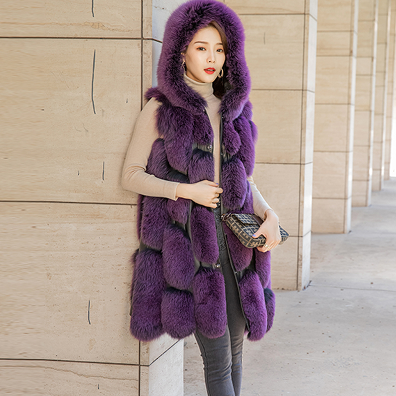 

Winter New 2020 Design Real Fox Skin Vest with Genuine Hoodie Female Leather Gigilet Ladies Slk6, Brown.