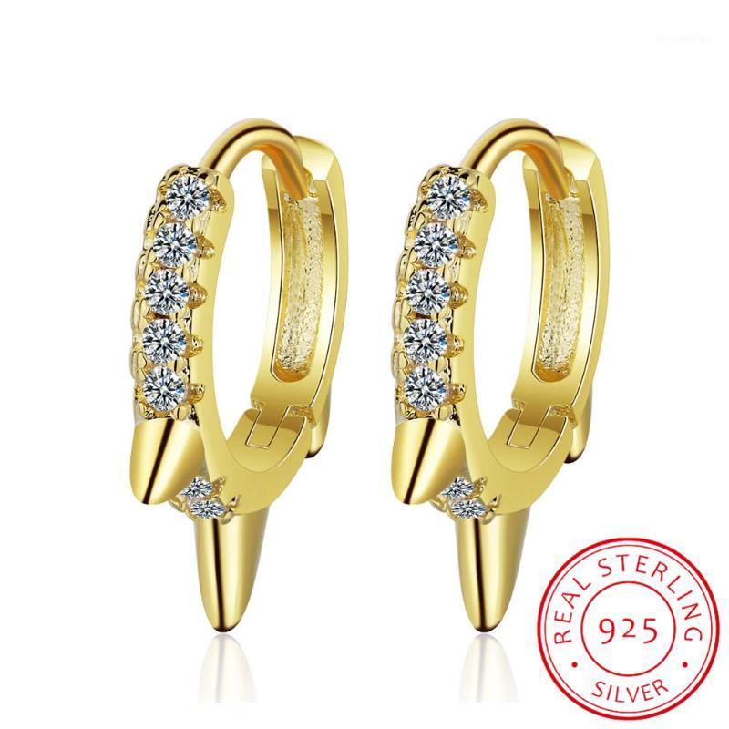 

LEKANI 100% 925 Sterling Silver Punk Rivet Small Open Hoop Earrings Cubic Zirconia Spike Earrings for Women Fine Jewelry Gift1