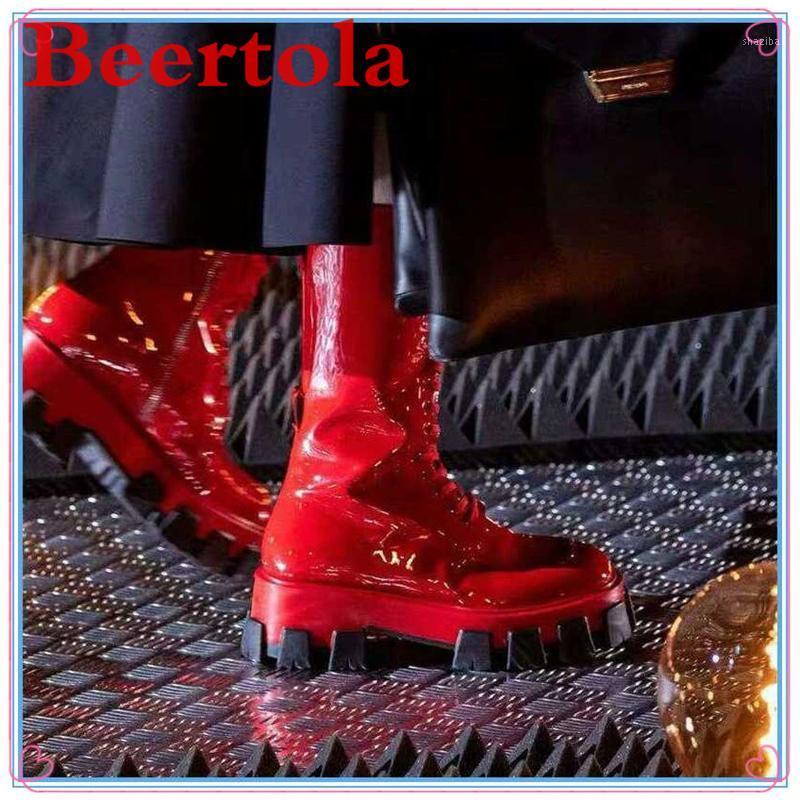 

New Patent Leather Mid-calf Women's Boots Punk Style Designers Lace Up Round Toe Catwalk Ladies Booties Mutil Colors Chaussures1, As pics