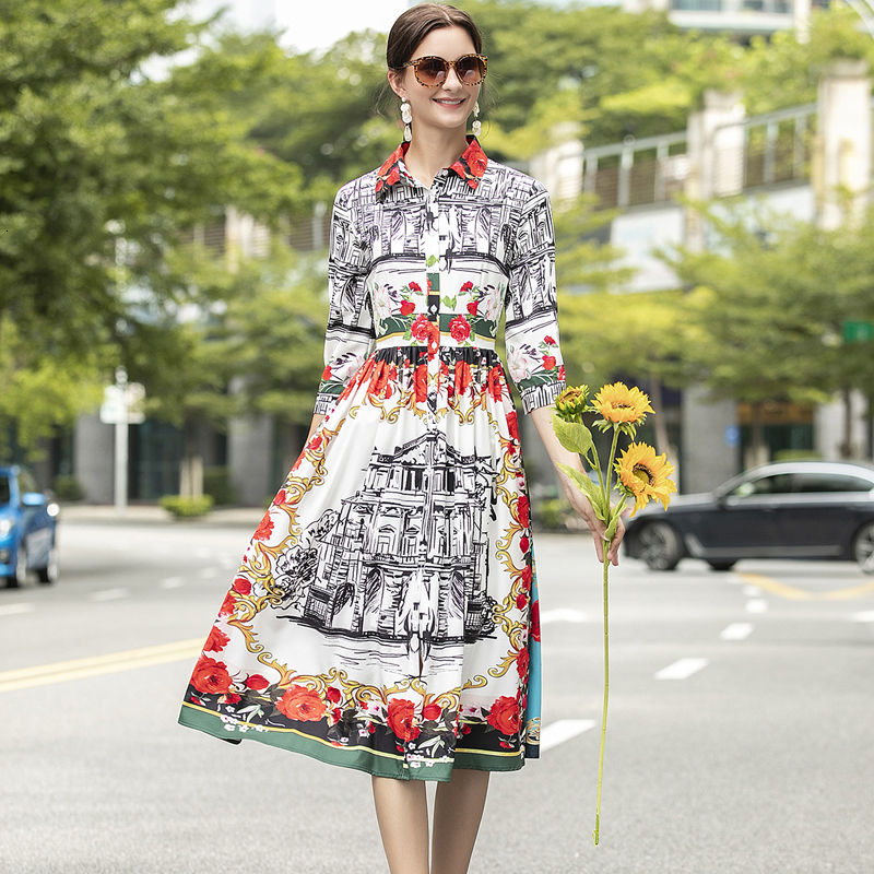 

2021 New Autumn Vintage Style Pink Printing Flower Sleeves Elegant Temperament Mid-length Dress High Quality Flrx, Multiple