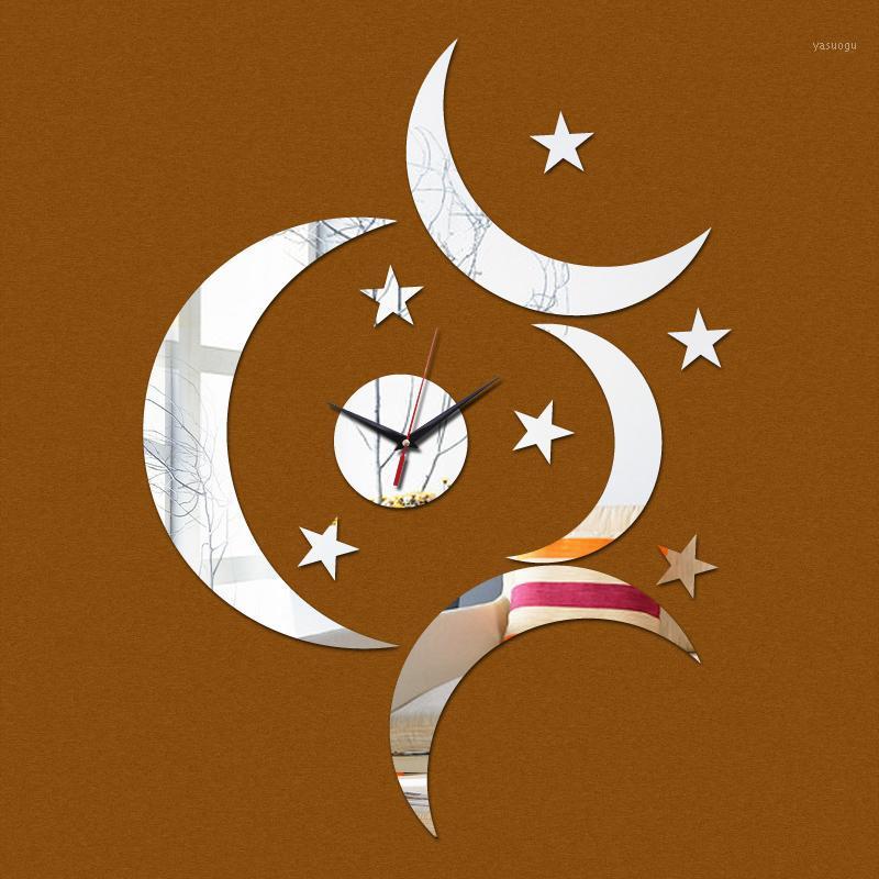 

new quartz wall clock hot 4moon 6 starts diy home decoration fashion mirror surface of the stickers living room Acrylic1