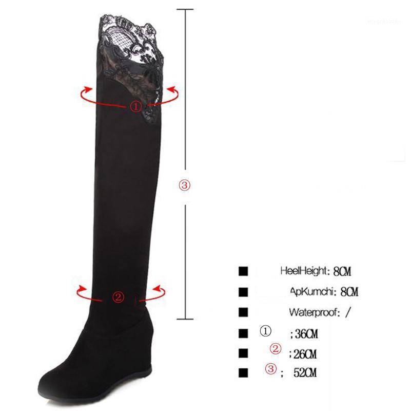 

Women's Lace Knee High Boots Wedges Ladies Shoes with thick scrub Casual Over-The-Knee Booties Plus size 43 Botas Mujer1, Black