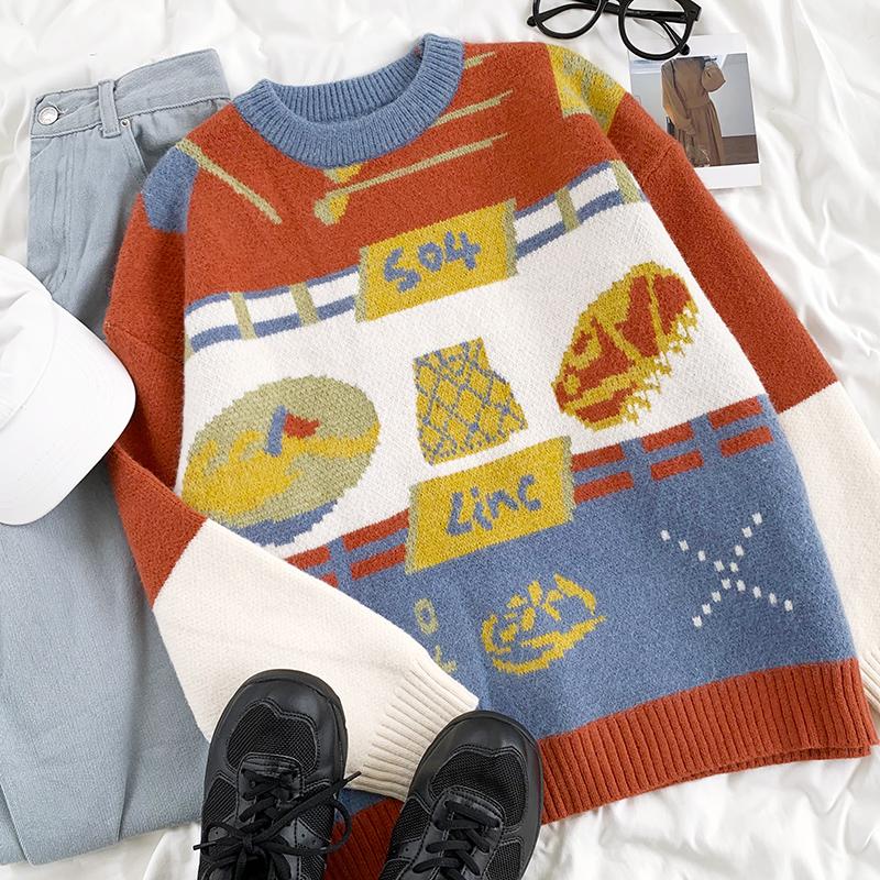 

Yeeloca Winter Vintage Jacquard Warm Sweater Women's Casual O-neck Thickened Pullovers Korean Color Matching Loose Sweater, Orange