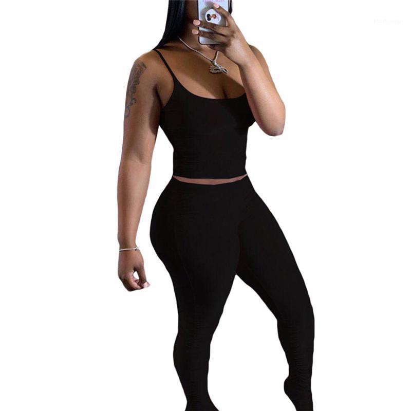 

2020 Fashion Women 2PCs Tracksuits Vest Crop Top Leggings Sportswear Sexy Low-cut Simple Solid Color Summer Jogging Outfits1, Black