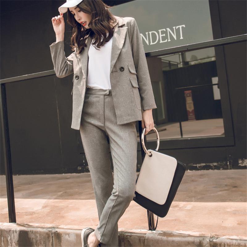 

Women Suit Gray Casual Blazer & High Waist Pant Office Lady Notched Jacket Pant Suits Korean Femme 2 pieces set