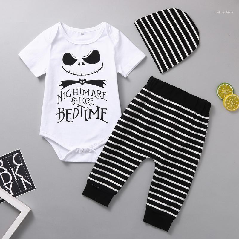 

New Born Baby Clothes Halloween Newborn Baby Boy Girl Print Romper+ Striped Pants Hat Outfits Costume Set1, White