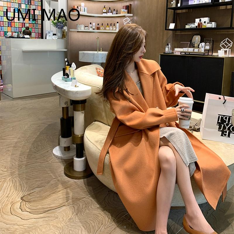 

UMI MAO 2021 Autumn Winter New Micro-shine Lurex Wool Double-sided Woolen Coat Women' Mid-length Temperament Woolen Coat, Tangerine color