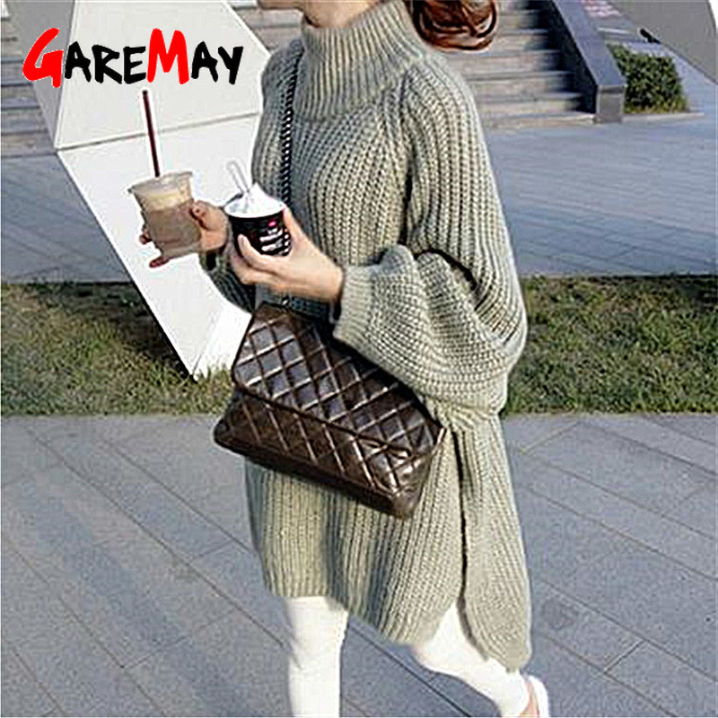 GareMay automne hiver pull en tricot robe femmes chaud col roulé sexy lâche maxi enceinte plus la taille femme dames longs chandails 201125