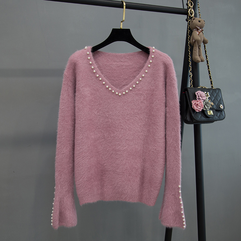 

2021 New Artificial Mink Cashmere Pearl V-neck Sweater Women Spring Autumn Pullover Jumper Pull Femme Hiver Streetwear Sweaters Yy8h, Purple pink
