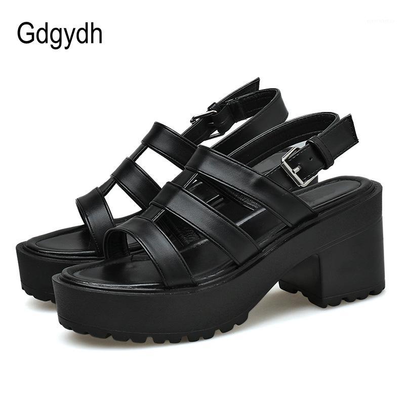 

Gdgydh Sandals For Ladies Vintage Black Leather Punk Style Platform Block Heels Summer Shoes Woman Back Strap1, Black shoes