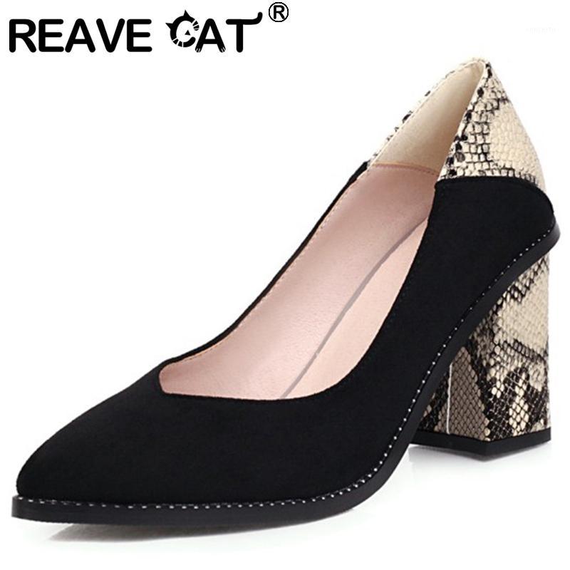

REAVE CAT Ladies novelty Spring Autumn Pumps Pointed Toe 8.5cm Square Heel Snake pattern Slip on Large size 31-48 Casual A30381, Black