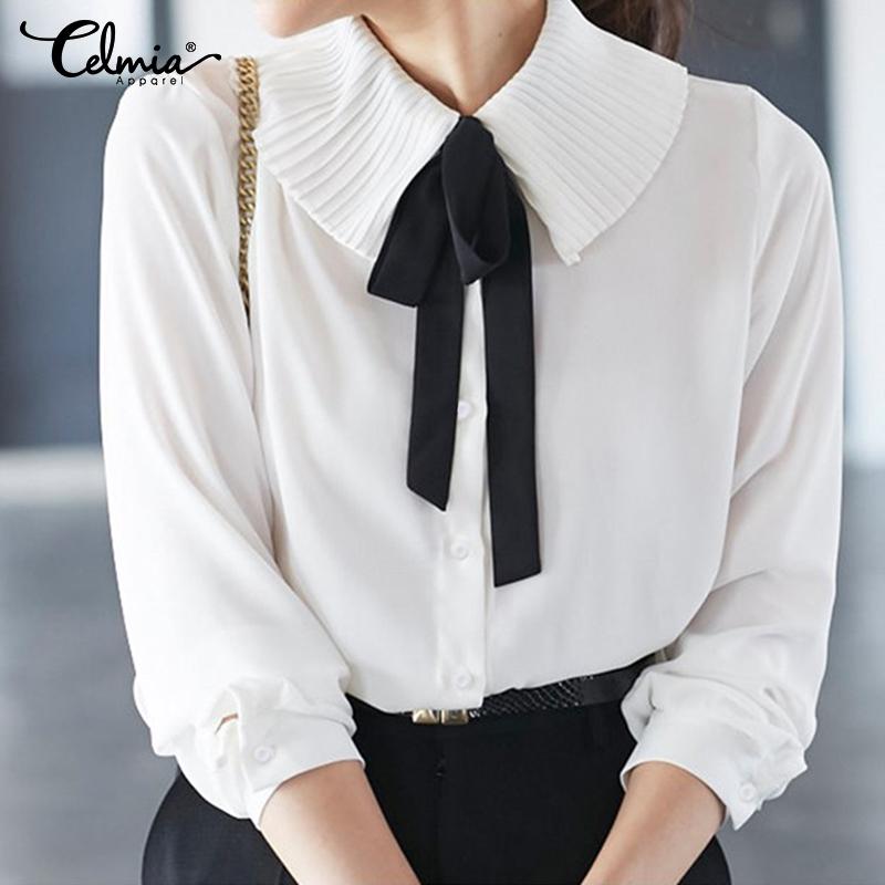 

Elegant Office Ladies Shirts Women Fashion Bow Tie White Shirts Celmia Long Sleeve Lapel Buttons Ruffles Shirt Casual Blusas, Black