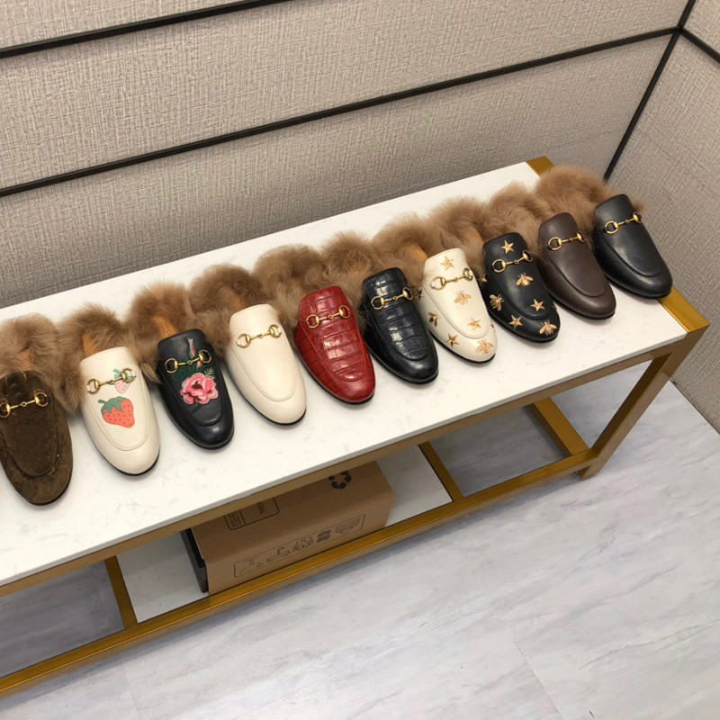 

Beautiful Designer Leather Slippers With rabbit fur with bees stars black white luxury women mens big size fashion loafers princetown 34-46, Hello;good shopping