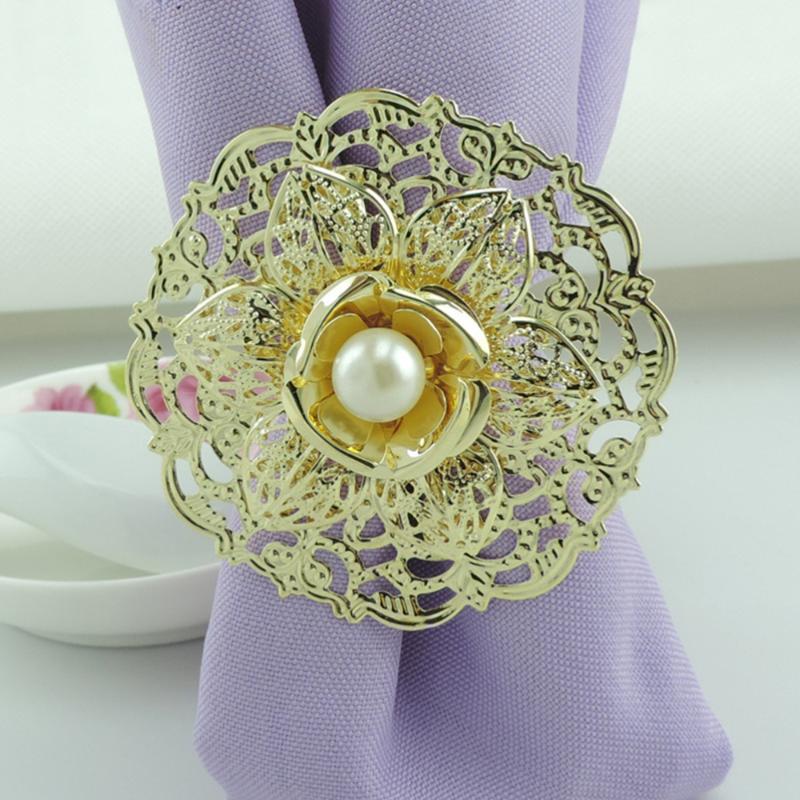 

6pcs Exquisite Napkin Ring Shiny Pearl Elegant Metal Sturdy Napkin Holder Serviette Buckles