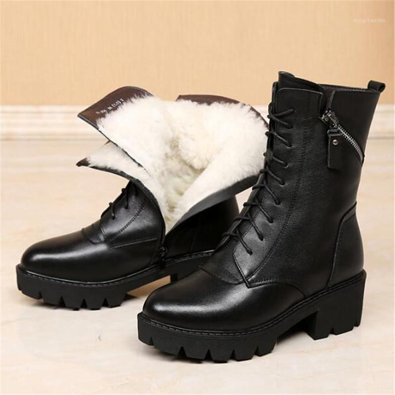

New Temperament Winter BootsThick-soled Non-slip Thick Heel Shoe Women Leather Boots Real Leather Wool Boots Snow1, Black inside plush