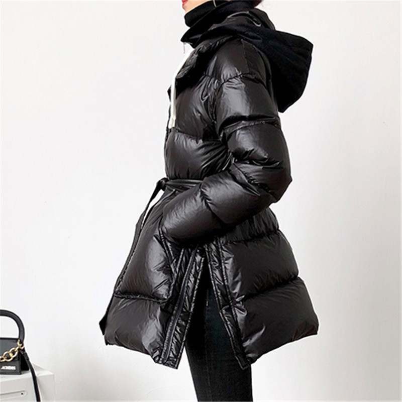 

Down 2020 Black Female New Winter white glossy Hooded waist Slim jacket Fashion Casual Outerwear Women BYV7