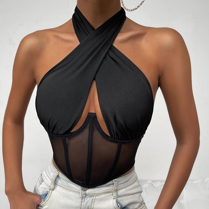 

Women' Tanks & Camis Sexy Cross Halter Corset Bustier Mesh Bone Tank Tops Women Tie Up Wrap Tube Backless Slim Fit Cut Out Front, Black