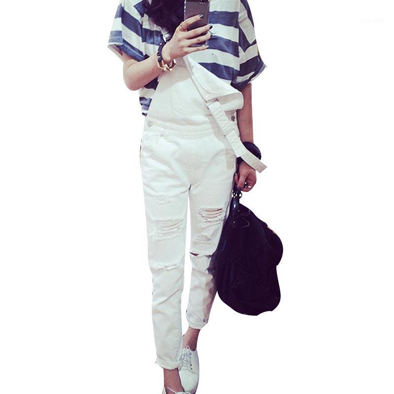

Wholesale- Summer Ladies European White Denim Overalls Jeans Woman Worn Street Loose Distressed Fashion Pantalon Femme Spaghetti Trousers1