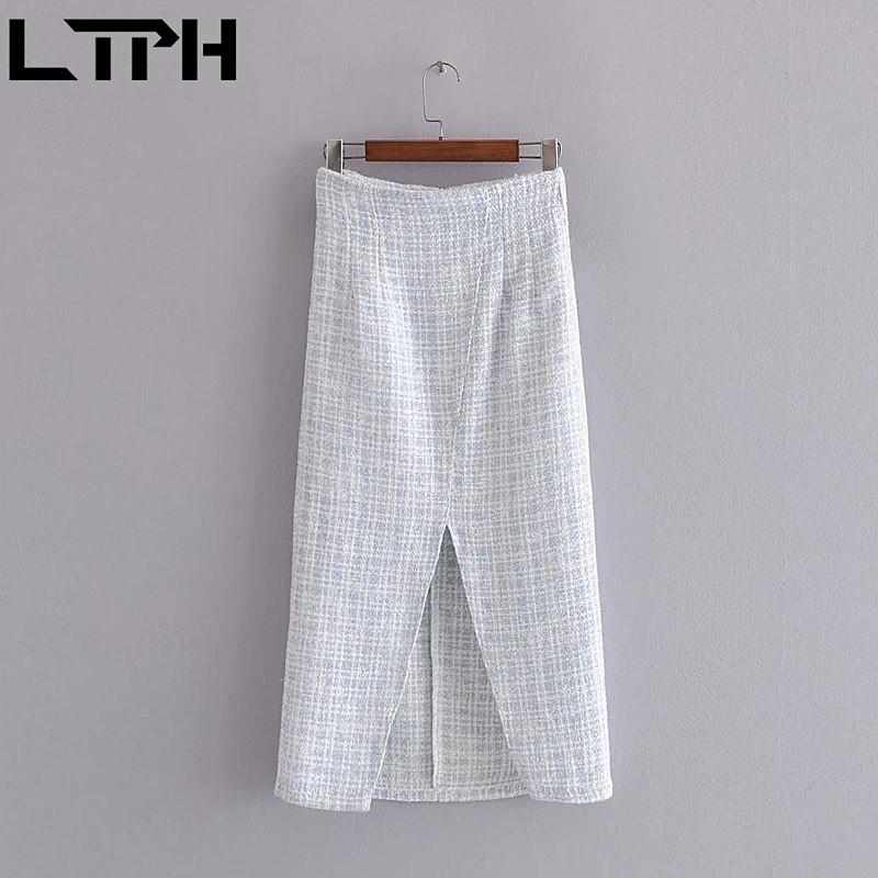 

LTPH Mid-length Elegant High Waist Split Package Hip skirt Woolen Plaid Sexy Slim Fashion All-match Women Skirts 2020 Autumn New, Photo color