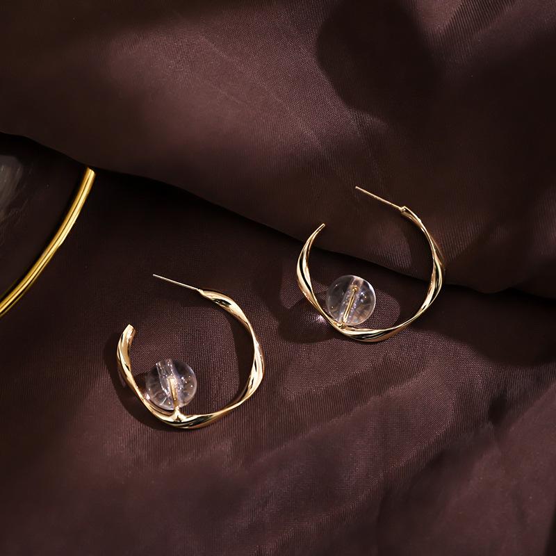 

925 Silver Needle Crystal Beads Hoop Earrings For Women Japan Style Simple Geometric Earrings Fashion Jewelry 2020 New