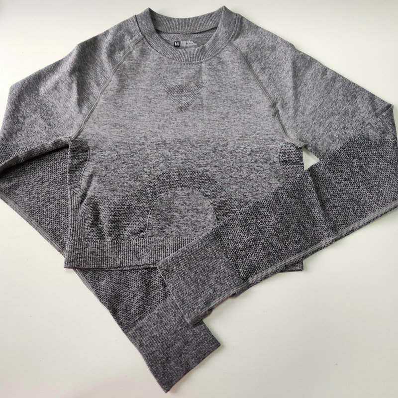 

2021 New Ombre Cropped Seamless Long Sleeve Crop Top Workout Shirts for Sports Tops Gym Women Bdcb, Black grey