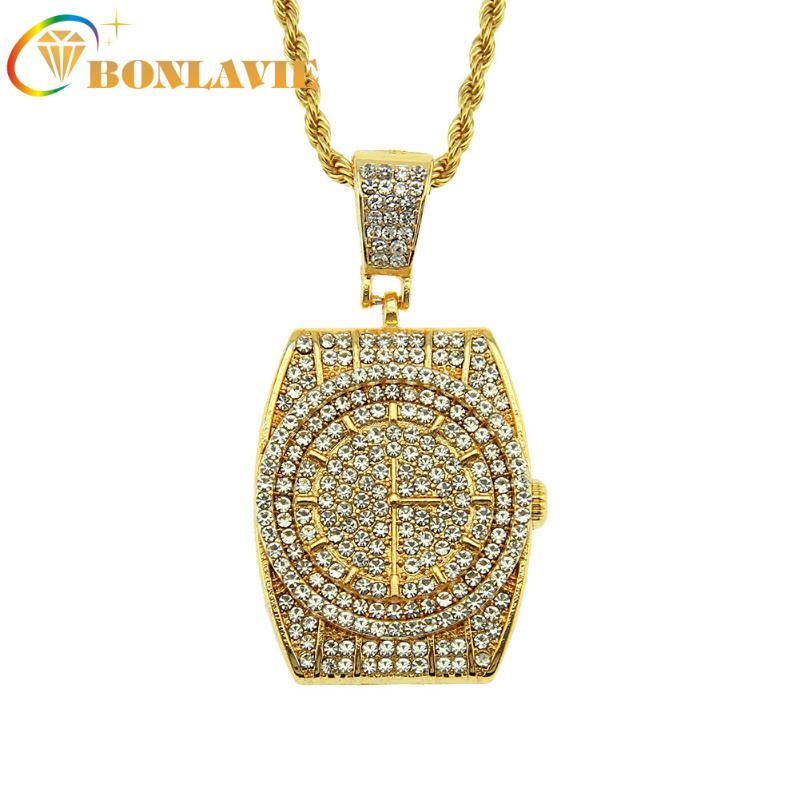 

European and American Hip Hop Jewelry Men's Rhinestone Three-dimensional Clocks Shape Pendant Necklace Geometry Twist Chain