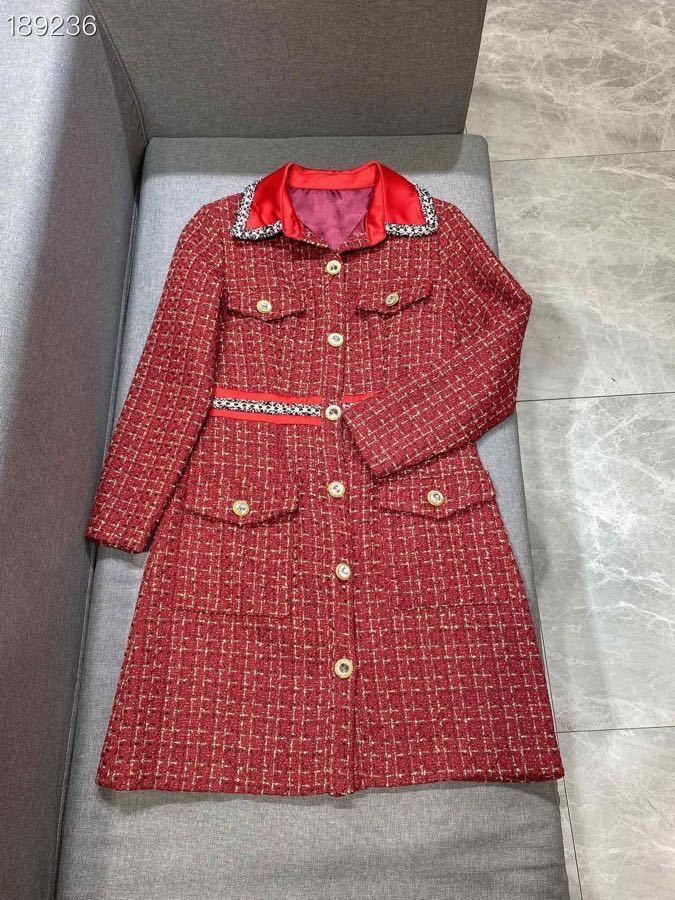 

2021 Fashion Style New Tweed Midi Vintage Female Retro Turn Down Collar Sleeves Long Red Empire Shreds Dress S9ew