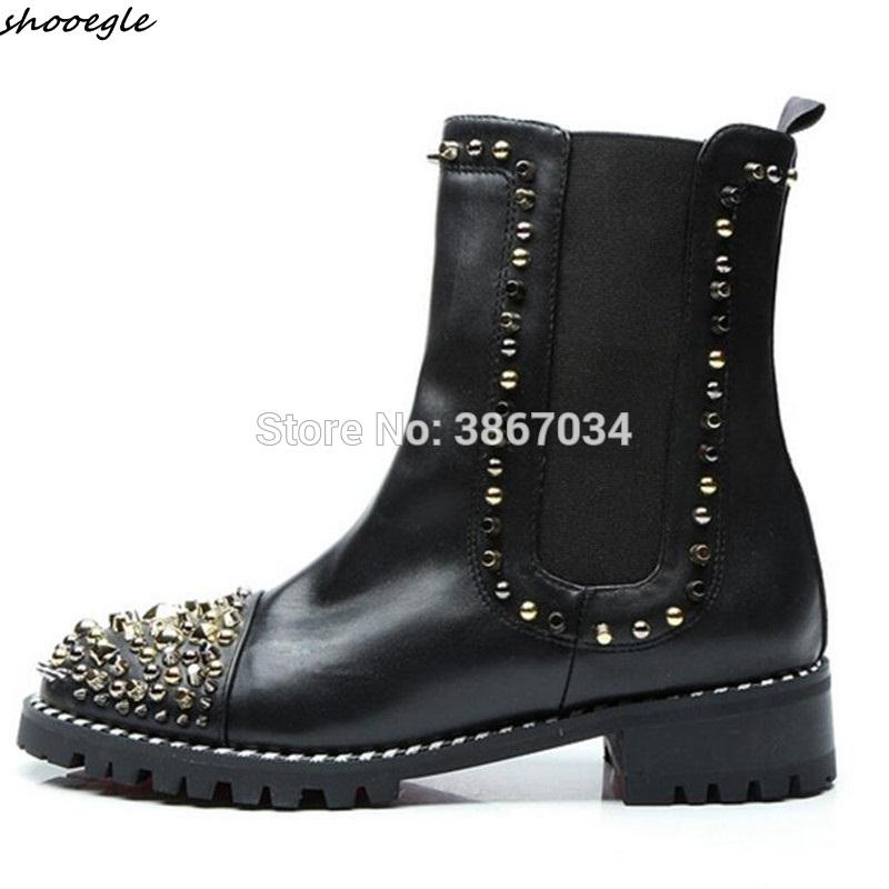 

SHOOEGLE 2020 Women Riding Boots Rivet Studded Punk Shoes Spikes Round Toe Low Heels Slip on Boots Women Mortorcycle Boot, Black