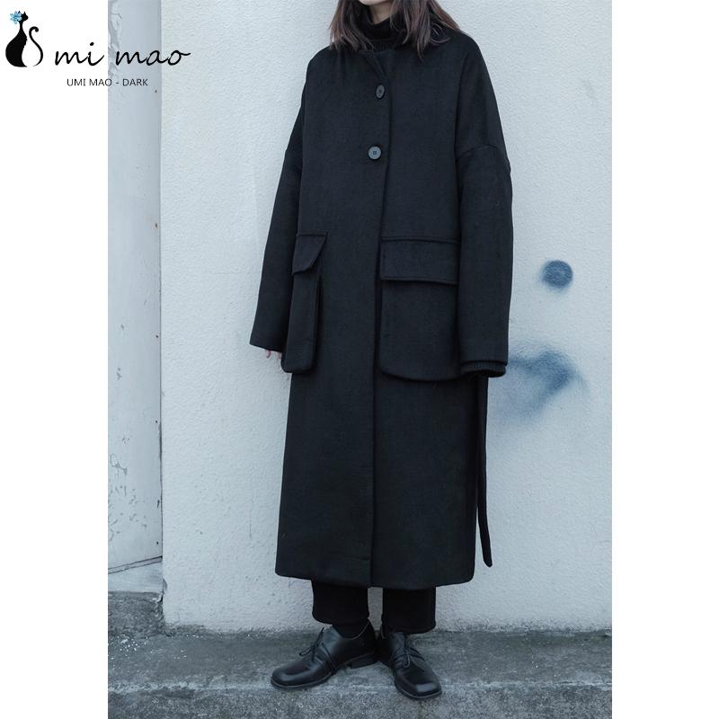 

UMI MAO Yoji Yamamoto Dark Niche Design Minimalist Large Pocket Woolen Mid-length Coat Jacket Casual Loose Femme Outwear, Black