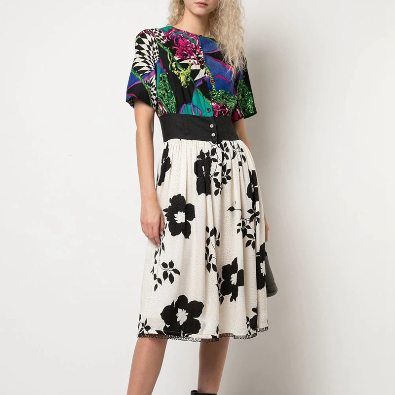 

Spring/summer 2021 New Retroethnic Printing Short Flowers Single-breasted Female Mid-long Dress of High Quality Around the Neck 52pe, Multiple