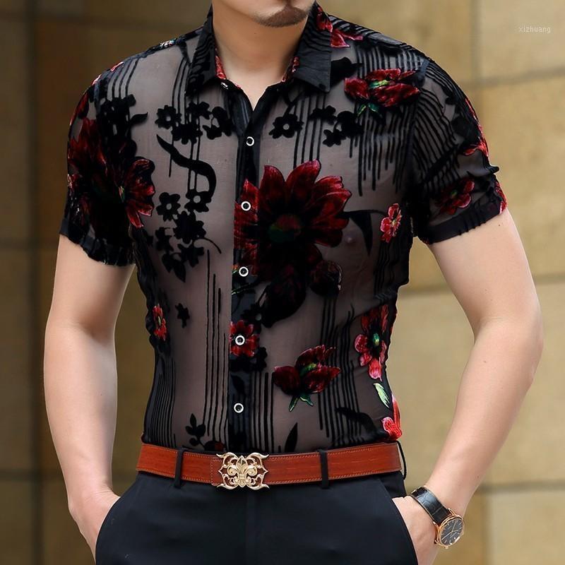 

Men's Casual Shirts Floral Transparent Shirt Men Summer Club Party Short Sleeve Chemise Homme Red Flower See Through Lace Camisa1